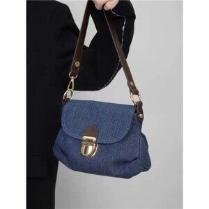 Denim Flap Shoulder Bag with‎ Golden Clasp
